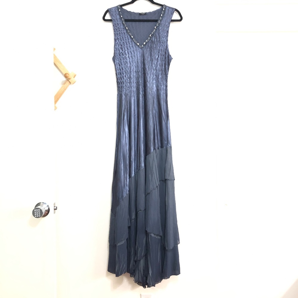 NEW Komarov Beaded V-Neck Tiered Ombre Charmeuse Dress, Large